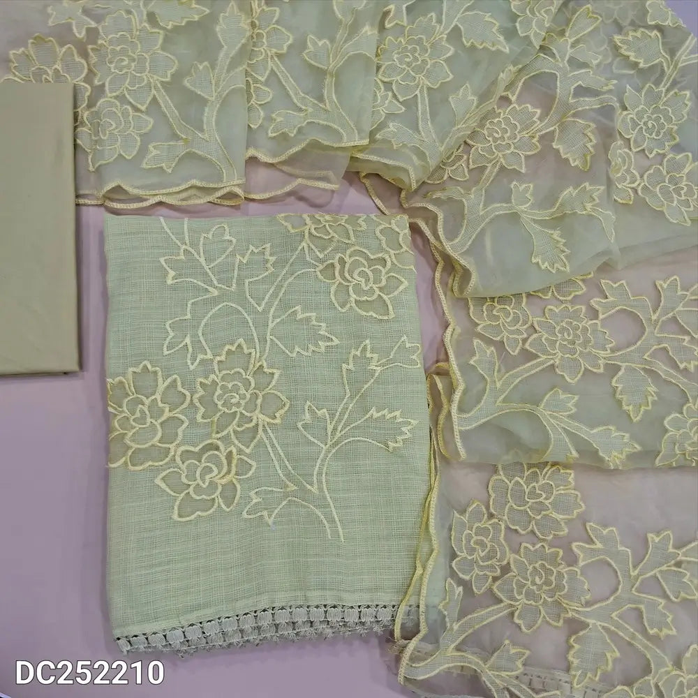 Premium Yellowish Green kota silk cotton unstitched salwar material (lining needed) applique work on daman,  matching silky bottom, applique work on organza dupatta with scalped edges. DC252210
