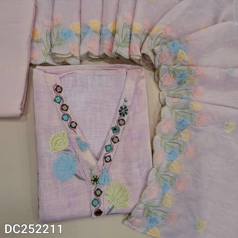 Designer pastel Pink pure linen unstitched salwar material (lining needed) V neck, real mirror, applique work on yoke, matching santoon bottom, soft silk cotton dupatta with simple embroidery and scalped edges. DC252211