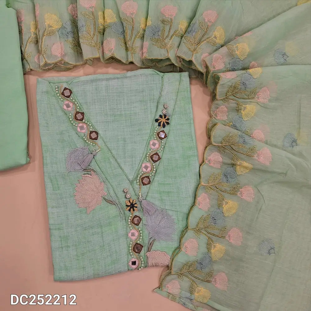 Designer sea Green pure linen unstitched salwar material (lining needed) V neck, real mirror, applique work on yoke, matching santoon bottom, soft silk cotton dupatta with simple embroidery and scalped edges. DC252212