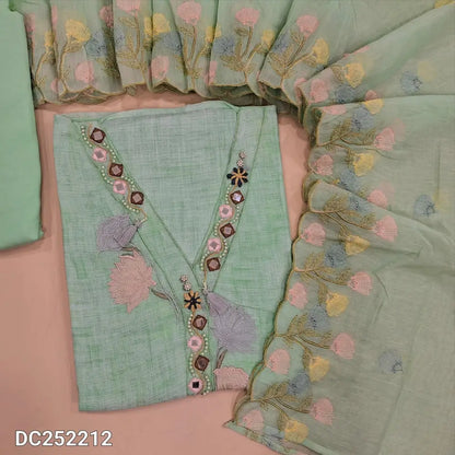 Designer sea Green pure linen unstitched salwar material (lining needed) V neck, real mirror, applique work on yoke, matching santoon bottom, soft silk cotton dupatta with simple embroidery and scalped edges. DC252212