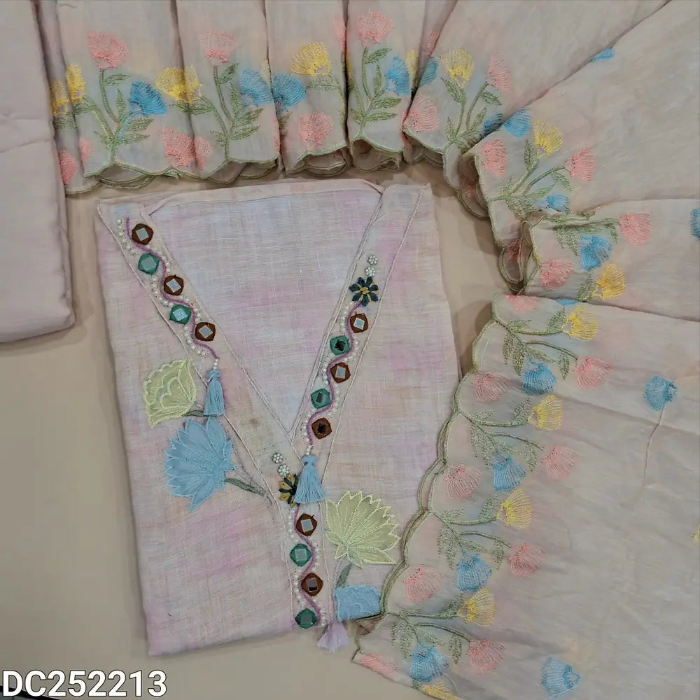 Designer pale pink pure linen unstitched salwar material (lining needed) V neck, real mirror, applique work on yoke, matching santoon bottom, soft silk cotton dupatta with simple embroidery and scalped edges. DC252213