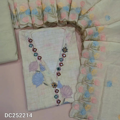 Designer Light Green pure linen unstitched salwar material (lining needed) V neck, real mirror, applique work on yoke, matching santoon bottom, soft silk cotton dupatta with simple embroidery and scalped edges. DC252214