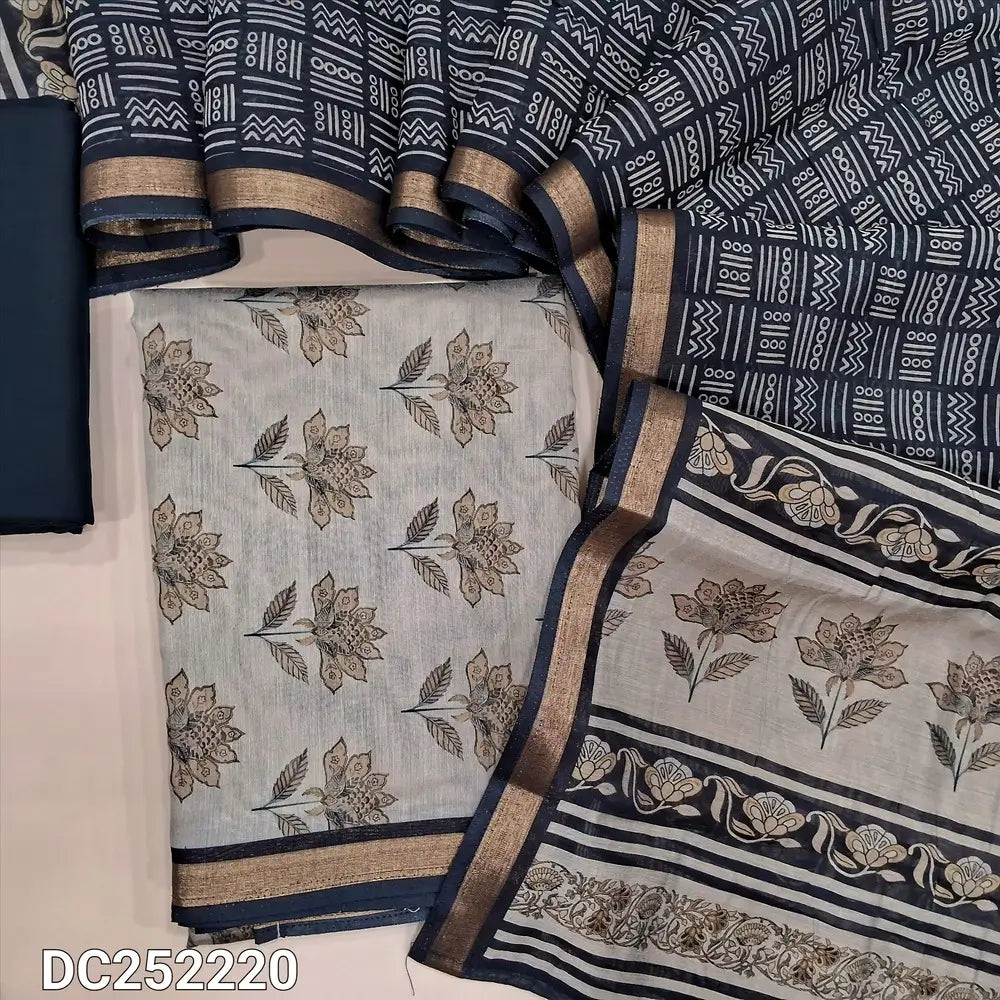 Floral printed Grey premium silk cotton unstitched salwar material (lining needed) tissue border on daman, black spun cotton bottom, printed premium silk cotton full length dupatta, DC252220