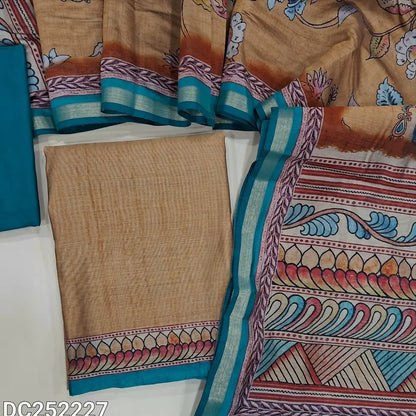Rich Beige premium silk cotton unstitched salwar material (lining needed) printed daman, turquoise blue spun cotton bottom, printed premium silk cotton dupatta. DC252227