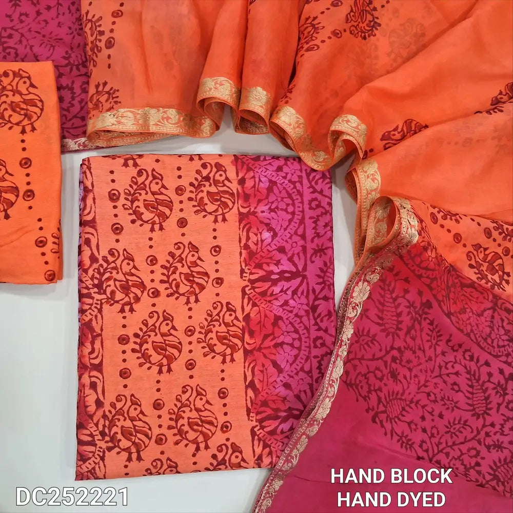 PREORDER 1 WEEK Peach & Pink uppada silk unstitched salwar material (lining needed), hand block print allover,santoon bottom, hand block printed uppada silk dupatta (TAPING NEEDED). DC252221(inconsistency of color & block prints not defect)