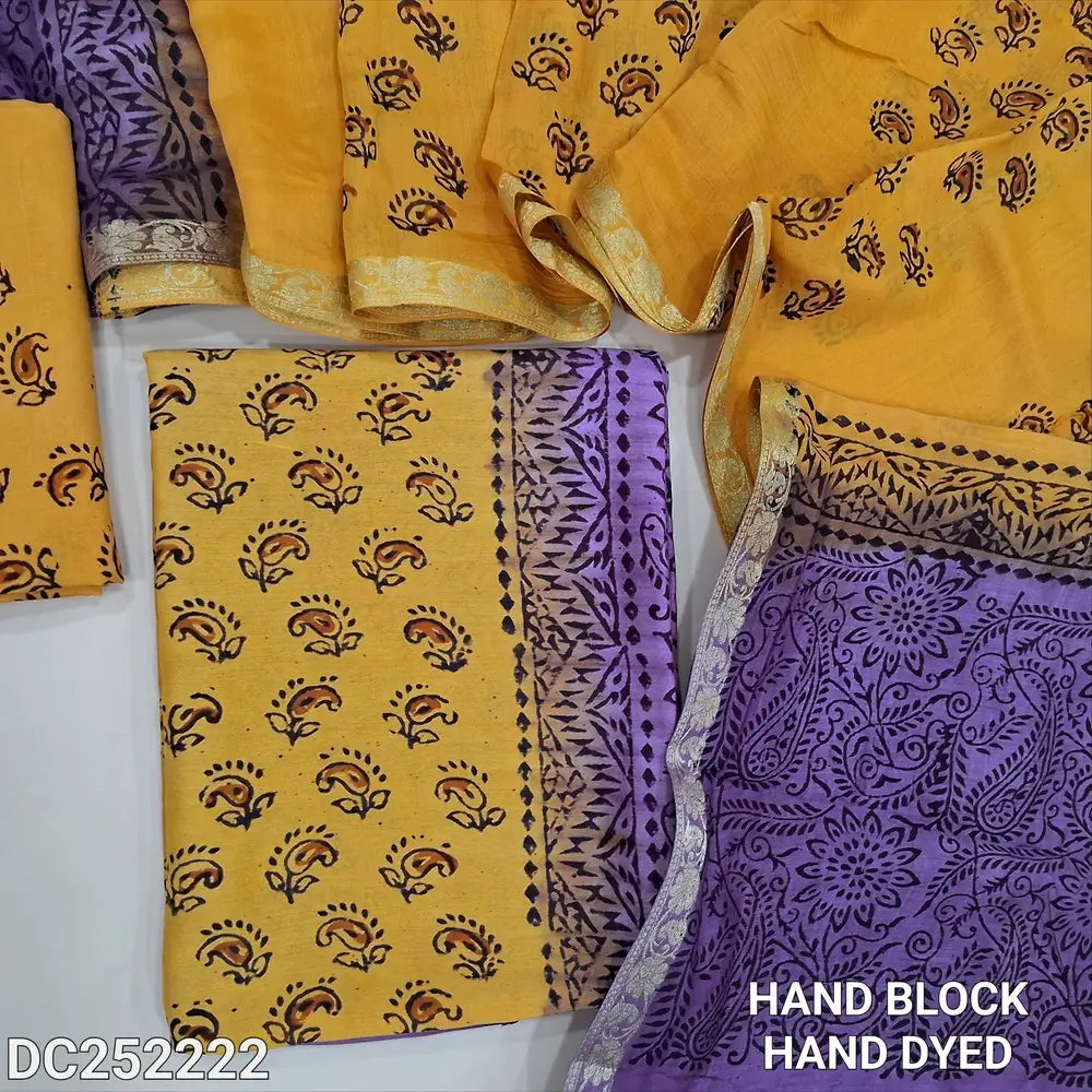PREORDER 1 WEEK Light Purple & yellow uppada silk unstitched salwar material (lining needed), hand block print allover,santoon bottom, hand block printed uppada silk dupatta (TAPING NEEDED). DC252222(inconsistency of color & block prints not defect)