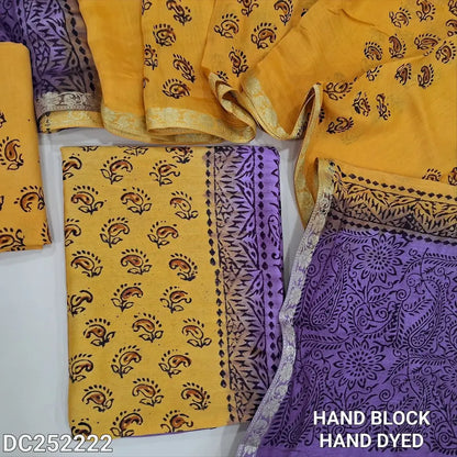 PREORDER 1 WEEK Light Purple & yellow uppada silk unstitched salwar material (lining needed), hand block print allover,santoon bottom, hand block printed uppada silk dupatta (TAPING NEEDED). DC252222(inconsistency of color & block prints not defect)