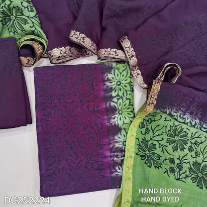 PREORDER 1 WEEK Light Green & Purple uppada silk unstitched salwar material (lining needed), hand block print allover,santoon bottom,hand block printed uppada silk dupatta (TAPING NEEDED). DC252224(inconsistency of color & block prints not defect