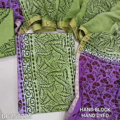 PREORDER 1 WEEK Purple & Green uppada silk unstitched salwar material (lining needed),hand block print allover,santoon bottom, hand block printed uppada silk dupatta (TAPING NEEDED). DC252225(inconsistency of color & block prints not defect)