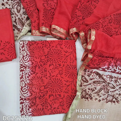 Beige & orange uppada silk unstitched salwar material (lining needed), hand block print allover, panel design, santoon bottom, hand block printed uppada silk dupatta (TAPING NEEDED). DC252226 ( inconsistency of color & block prints not defect)
