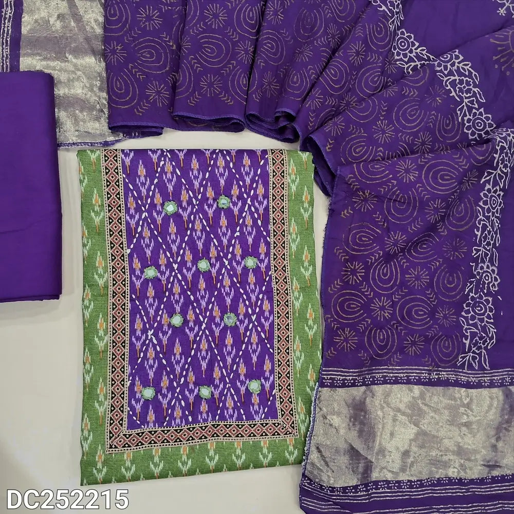 Ikat printed mossy Green soft cotton unstitched salwar material (lining optional) real mirror, printed on yoke, dark purple spun cotton bottom, block printed fancy silk cotton dupatta with tissue border pallu. DC252215