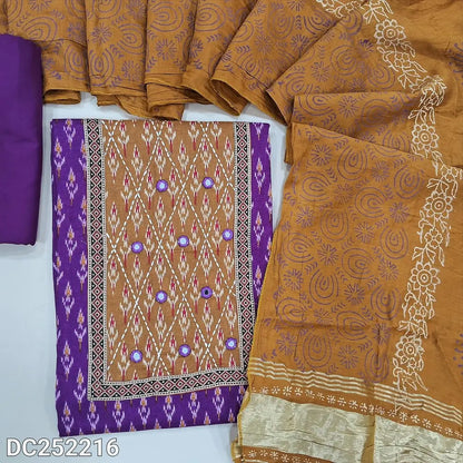 Ikat printed Light purple soft cotton unstitched salwar material (lining optional) real mirror, printed on yoke, mehandhi yellow spun cotton bottom, block printed fancy silk cotton dupatta with tissue border pallu. DC252216