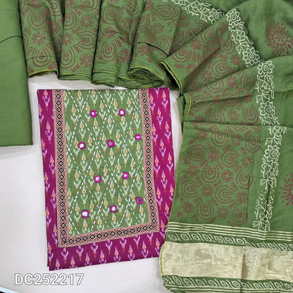 Ikat printed rani Pink soft cotton unstitched salwar material (lining optional) real mirror, printed on yoke, mossy green spun cotton bottom, block printed fancy silk cotton dupatta with tissue border pallu. DC252217