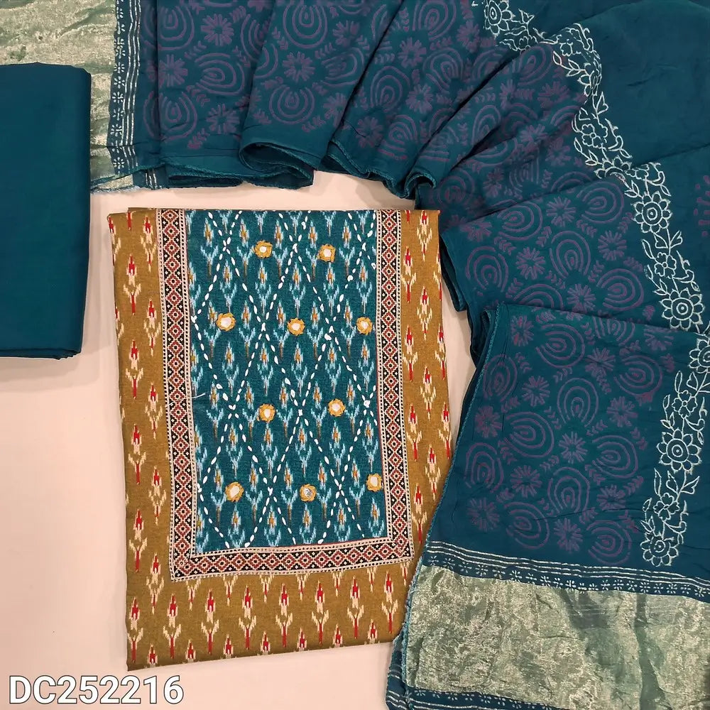 Ikat printed mehandhi Yellow soft cotton unstitched salwar material (lining optional) real mirror, printed on yoke, teal blue spun cotton bottom, block printed fancy silk cotton dupatta with tissue border pallu. DC252219