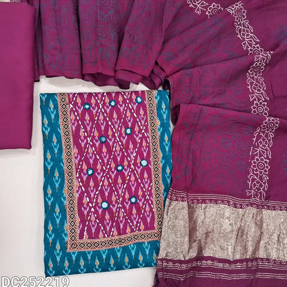 Ikat printed teal Blue soft cotton unstitched salwar material (lining optional) real mirror, printed on yoke, dark pink spun cotton bottom, block printed fancy silk cotton dupatta with tissue border pallu. DC252219