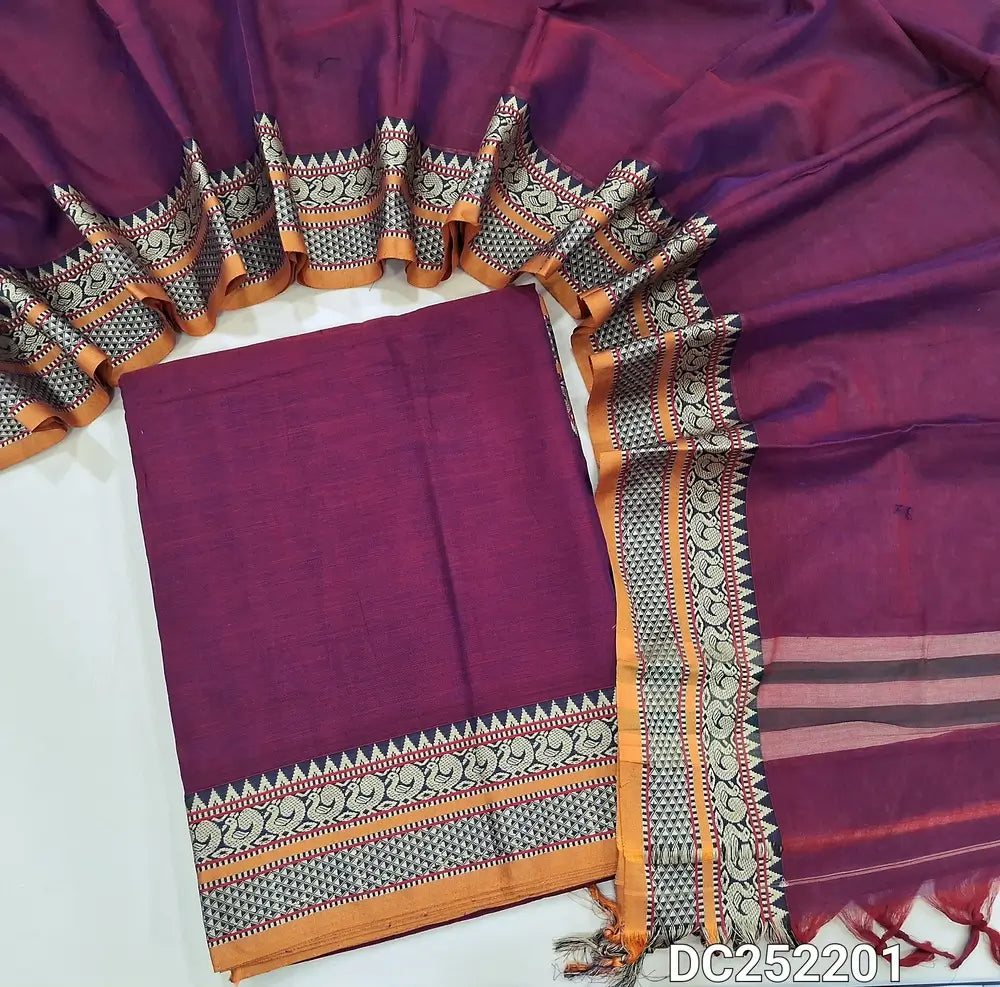 Purple south mercerized handloom cotton unstitched salwar material(thin, lining needed)  with contrast traditional thread woven border, bottom included with top 4.5 metres, mercerized handloom cotton dupatta with tassels. Dc252201