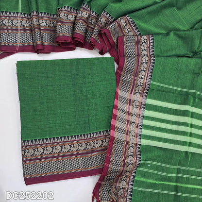 Leafy Green south mercerized handloom cotton unstitched salwar material(thin, lining needed)  with contrast traditional thread woven border, bottom included with top 4.5 metres, mercerized handloom cotton dupatta with tassels. Dc252202