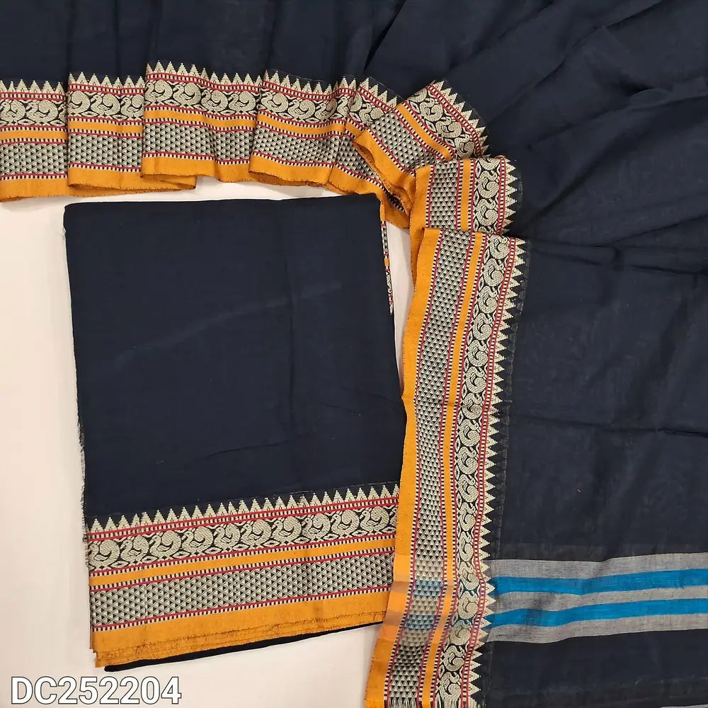 Black south mercerized handloom cotton unstitched salwar material(thin, lining needed)  with contrast traditional thread woven border, bottom included with top 4.5 metres, mercerized handloom cotton dupatta with tassels. Dc252204