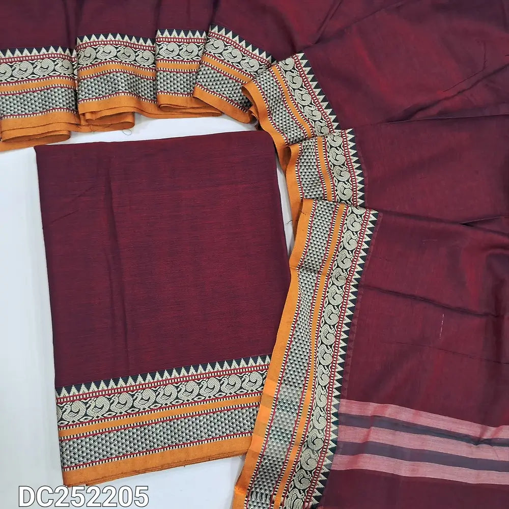 Dark Maroon south mercerized handloom cotton unstitched salwar material(thin, lining needed)  with contrast traditional thread woven border, bottom included with top 4.5 metres, mercerized handloom cotton dupatta with tassels. Dc252205