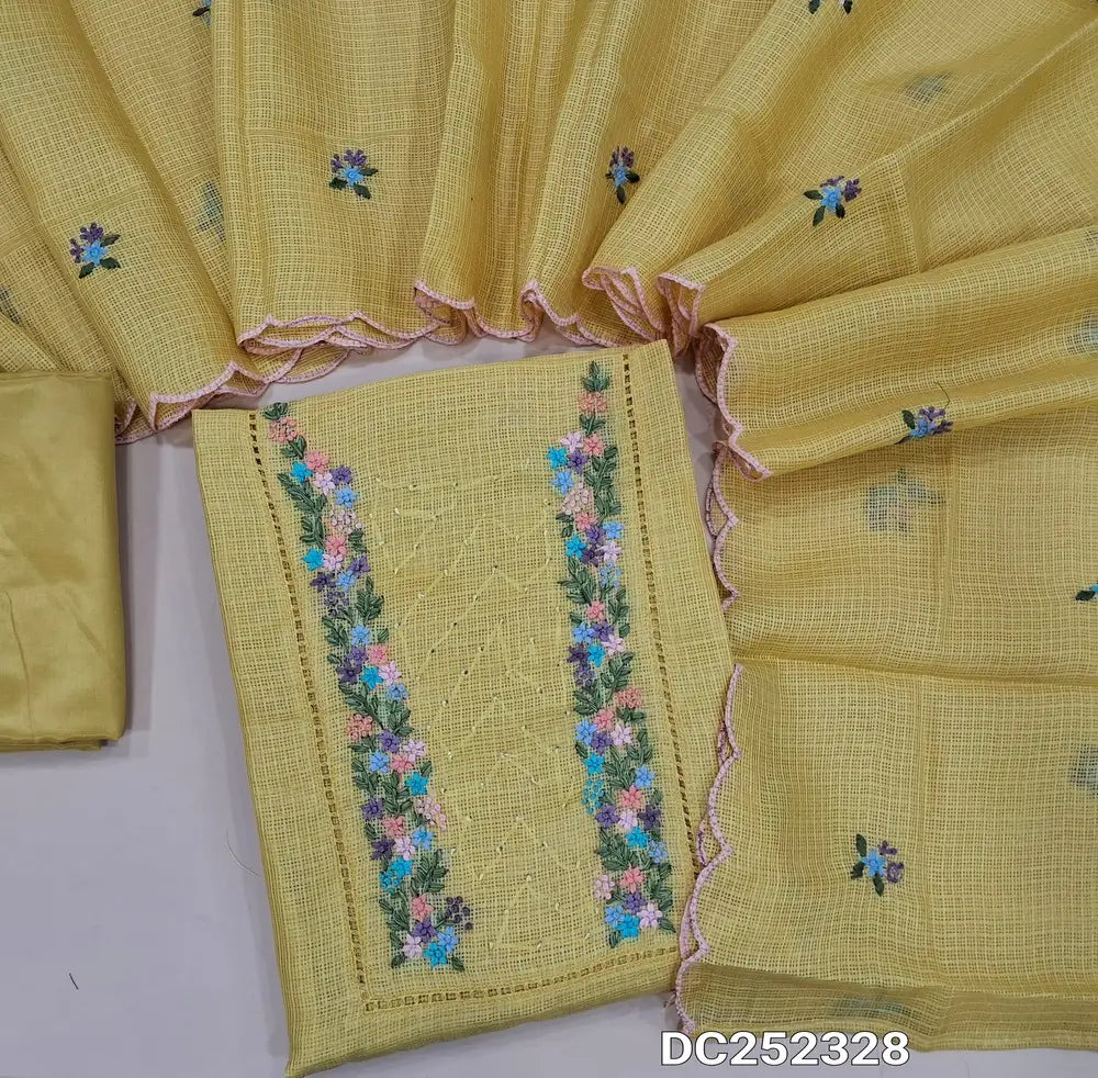 Pastel Yellow kota silk cotton unstitched salwar material (lining needed)embroidery, sequins work on yoke, matching silky bottom, embroidery work on kota silk cotton dupatta. DC252328
