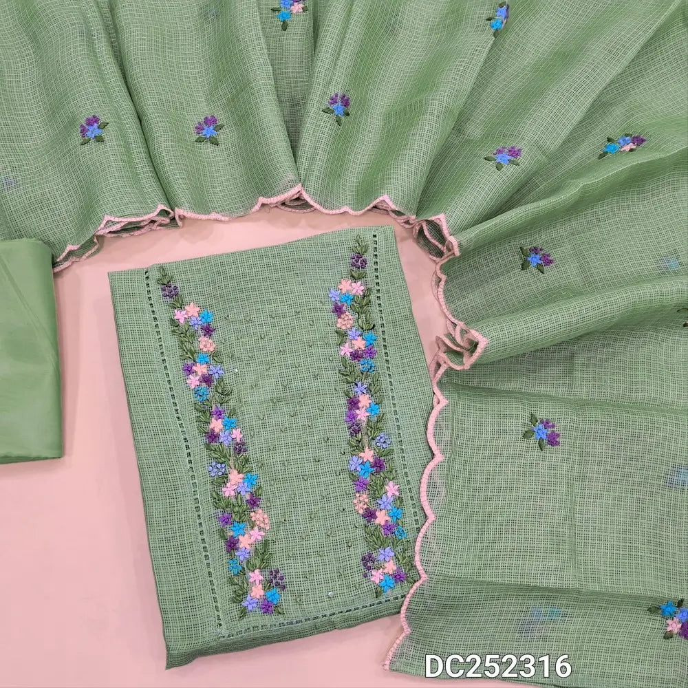 Pastel Green kota silk cotton unstitched salwar material (lining needed)embroidery, sequins work on yoke, matching silky bottom, embroidery work on kota silk cotton dupatta. DC252326