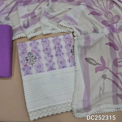 Half White glazed cotton unstitched salwar material (lining needed) chikankari embroidery work on front, daman design, lavender cotton bottom, brush paint work on chiffon dupatta with lace tapings. DC252315