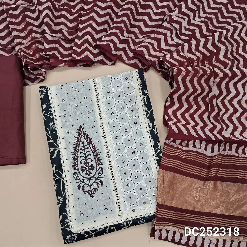 Printed Black cotton unstitched salwar material (lining optional) patch work on yoke, maroon  cotton bottom, batik design on fancy silk cotton dupatta. DC252318