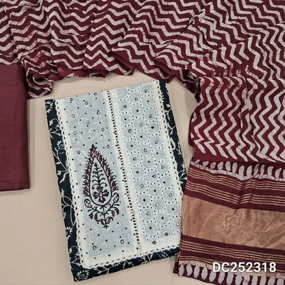 Printed Black cotton unstitched salwar material (lining optional) patch work on yoke, maroon  cotton bottom, batik design on fancy silk cotton dupatta. DC252318