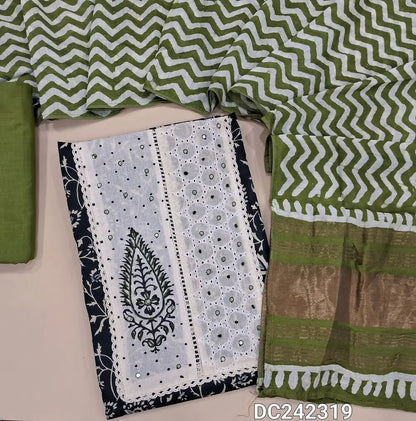 Printed Black cotton unstitched salwar material (lining optional) patch work on yoke, light green cotton bottom, batik design on fancy silk cotton dupatta. DC252319
