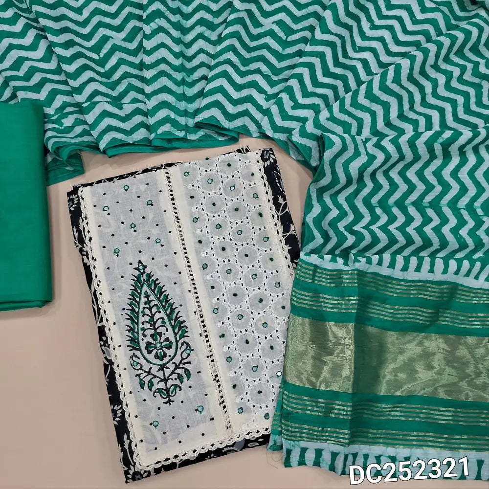 Printed Black cotton unstitched salwar material (lining optional) patch work on yoke, turquoise green cotton bottom, batik design on fancy silk cotton dupatta. DC252321
