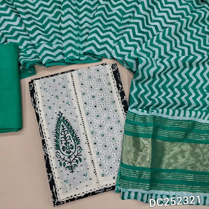 Printed Black cotton unstitched salwar material (lining optional) patch work on yoke, turquoise green cotton bottom, batik design on fancy silk cotton dupatta. DC252321