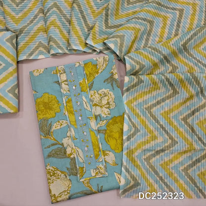 Floral printed powder blue soft cotton unstitched salwar material (lining needed) thread, zardozi work on yoke, printed cotton bottom, zigzag printed soft cotton dupatta. DC252323