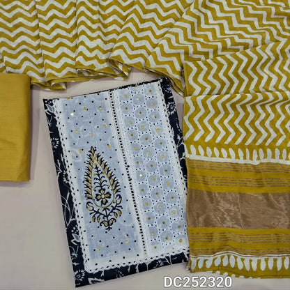 Printed Black cotton unstitched salwar material (lining optional) patch work on yoke, yellow cotton bottom, batik design on fancy silk cotton dupatta. DC252320