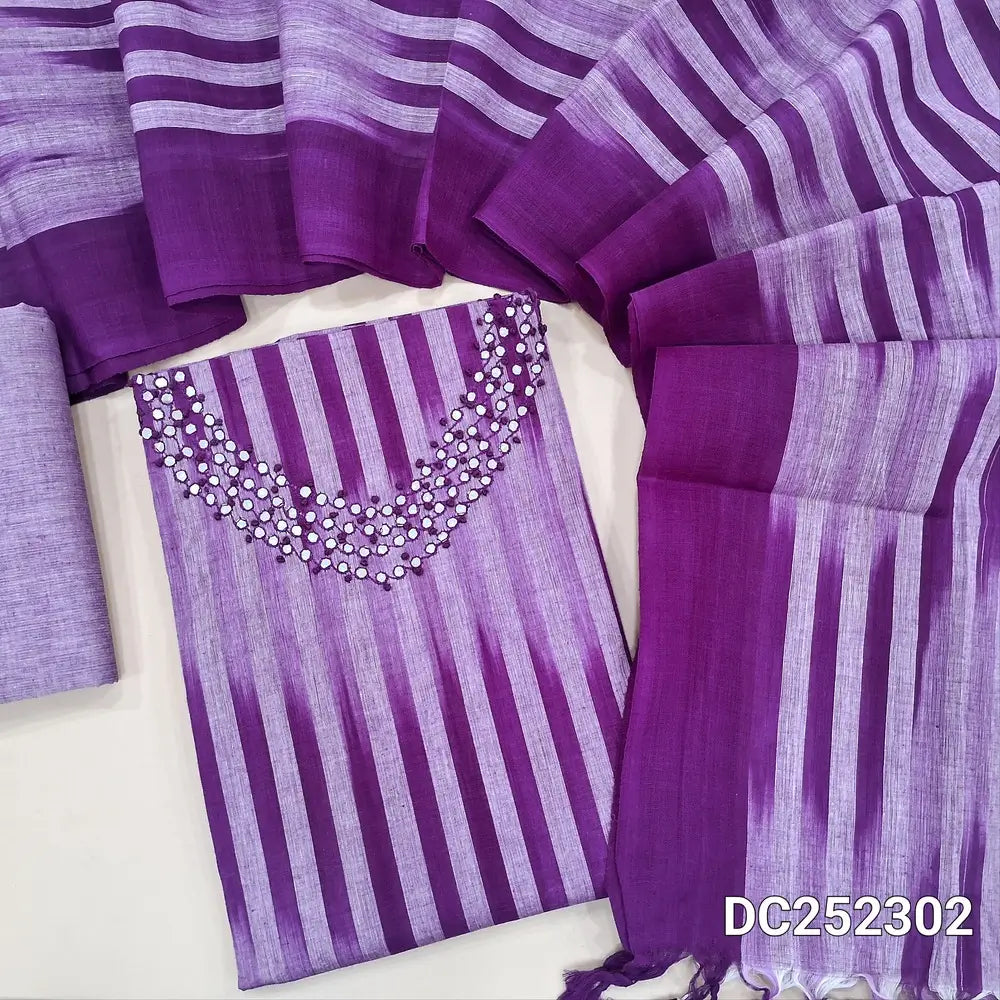 Ikat woven light & dark shade Purple handloom cotton unstitched salwar material (lining needed) with faux mirror work on yoke, matching handloom cotton bottom, ikat woven handloom cotton dupatta with tassels. DC252302
