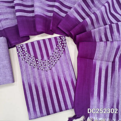 Ikat woven light & dark shade Purple handloom cotton unstitched salwar material (lining needed) with faux mirror work on yoke, matching handloom cotton bottom, ikat woven handloom cotton dupatta with tassels. DC252302
