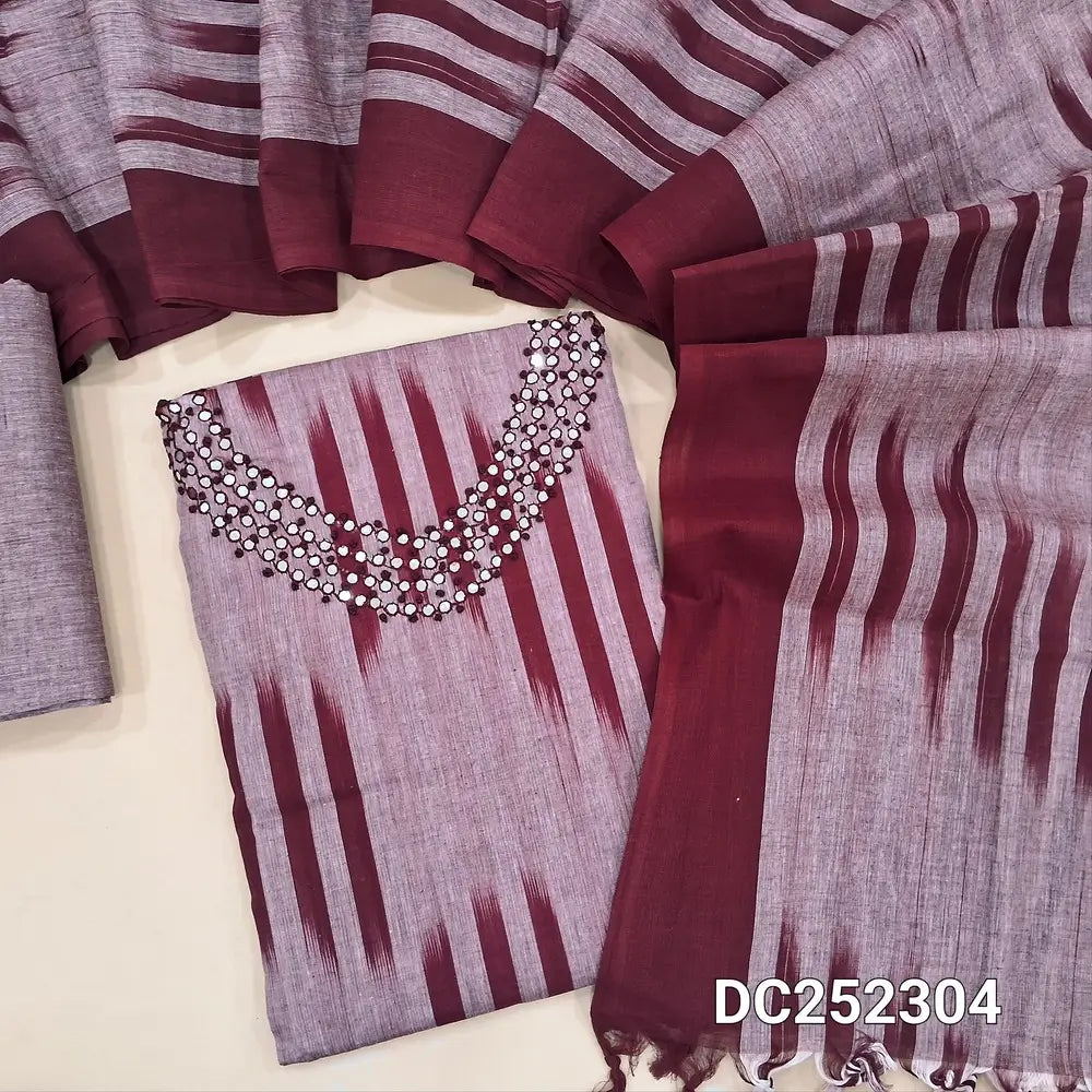 Ikat woven Onion Pink handloom cotton unstitched salwar material (lining needed) with faux mirror work on yoke, matching handloom cotton bottom, ikat woven handloom cotton dupatta with tassels. DC252304