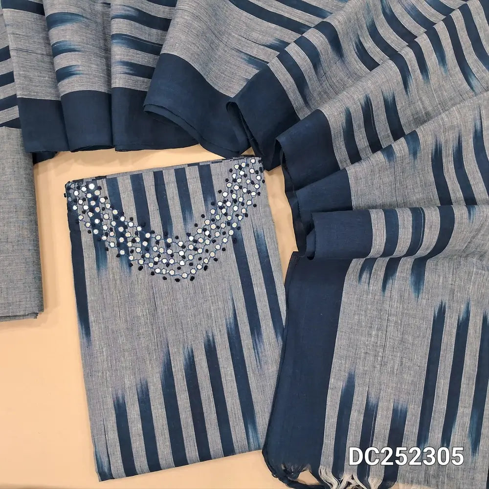 Ikat woven Grey handloom cotton unstitched salwar material (lining needed) with faux mirror work on yoke, matching handloom cotton bottom, ikat woven handloom cotton dupatta with tassels. DC252305