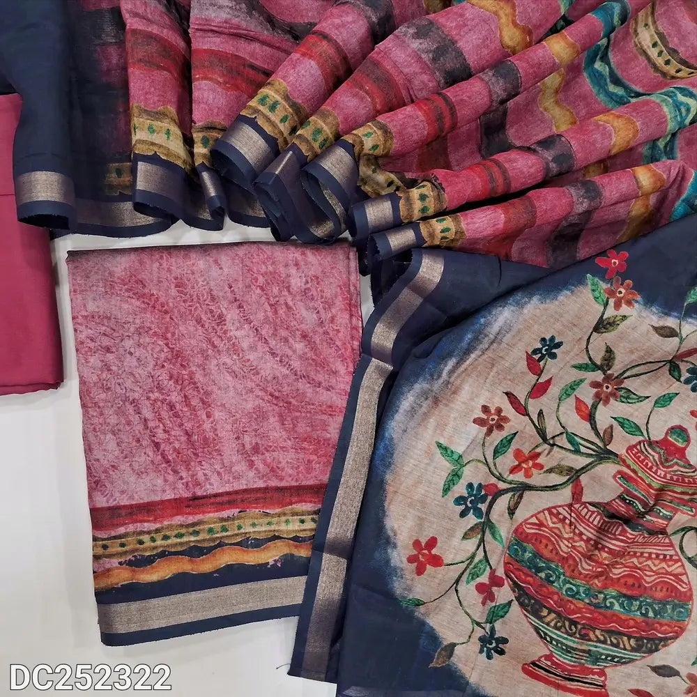 Digital printed onion pink premium silk cotton unstitched salwar material (lining needed) printed daman, matching spun cotton bottom, multicolor digital print silk cotton dupatta. DC252322