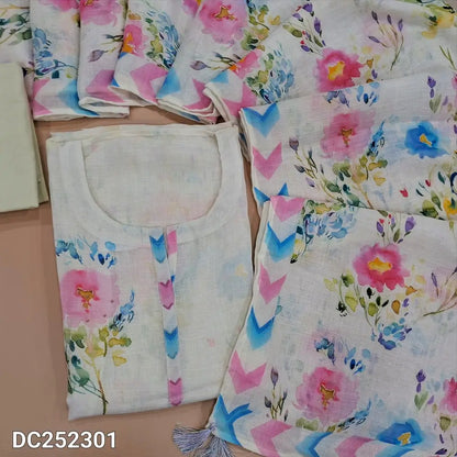 Designer half White pure linen unstitched salwar material (lining needed) with colorful floral print, sugar bead, sequence work on front, lining provided, NO BOTTOM, colorful floral printed pure linen full length dupatta. DC252301