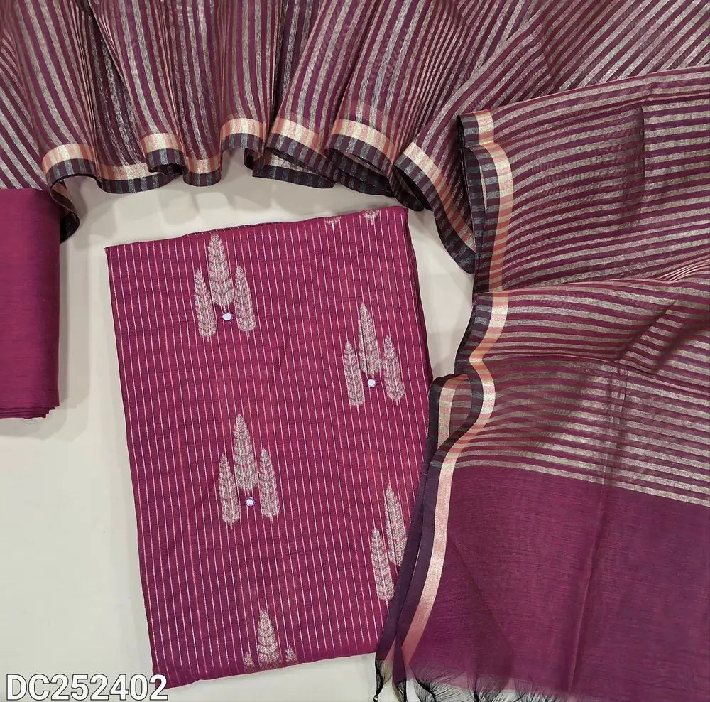 Rani Pink soft silk cotton unstitched salwar material (lining needed) zari lines, design allover, matching silk cotton bottom, zari lines silk cotton dupatta with tassels. DC252402