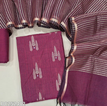 Rani Pink soft silk cotton unstitched salwar material (lining needed) zari lines, design allover, matching silk cotton bottom, zari lines silk cotton dupatta with tassels. DC252402