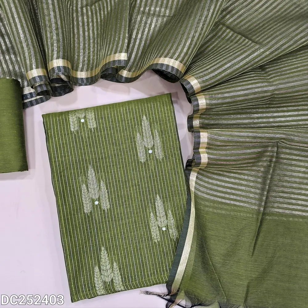 Leaf Green soft silk cotton unstitched salwar material (lining needed) zari lines, design allover, matching silk cotton bottom, zari lines silk cotton dupatta with tassels. DC252403
