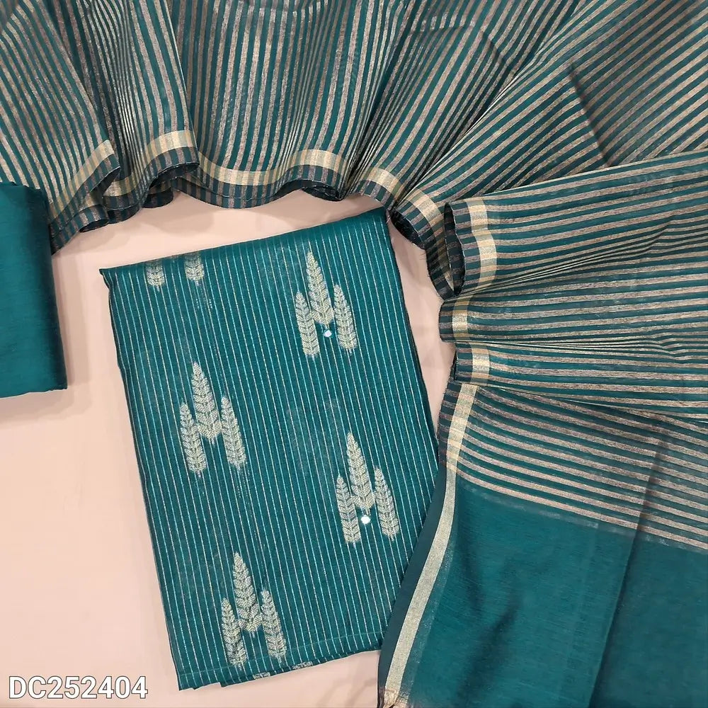 Teal Blue soft silk cotton unstitched salwar material (lining needed) zari lines, design allover, matching silk cotton bottom, zari lines silk cotton dupatta with tassels. DC252404
