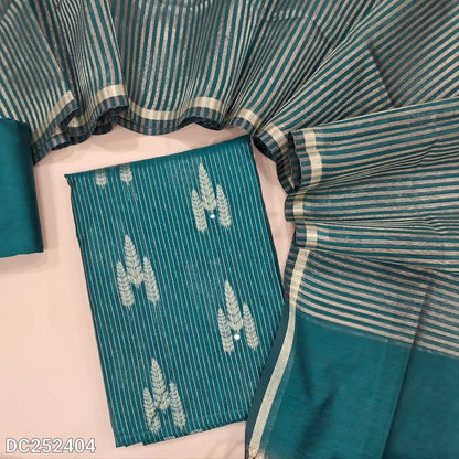Teal Blue soft silk cotton unstitched salwar material (lining needed) zari lines, design allover, matching silk cotton bottom, zari lines silk cotton dupatta with tassels. DC252404