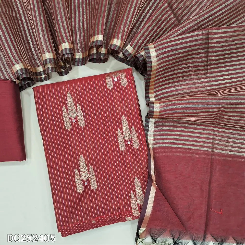 Maroon soft silk cotton unstitched salwar material (lining needed) zari lines, design allover, matching silk cotton bottom, zari lines silk cotton dupatta with tassels. DC252405