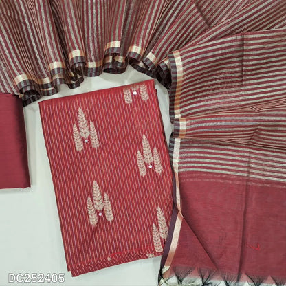 Maroon soft silk cotton unstitched salwar material (lining needed) zari lines, design allover, matching silk cotton bottom, zari lines silk cotton dupatta with tassels. DC252405