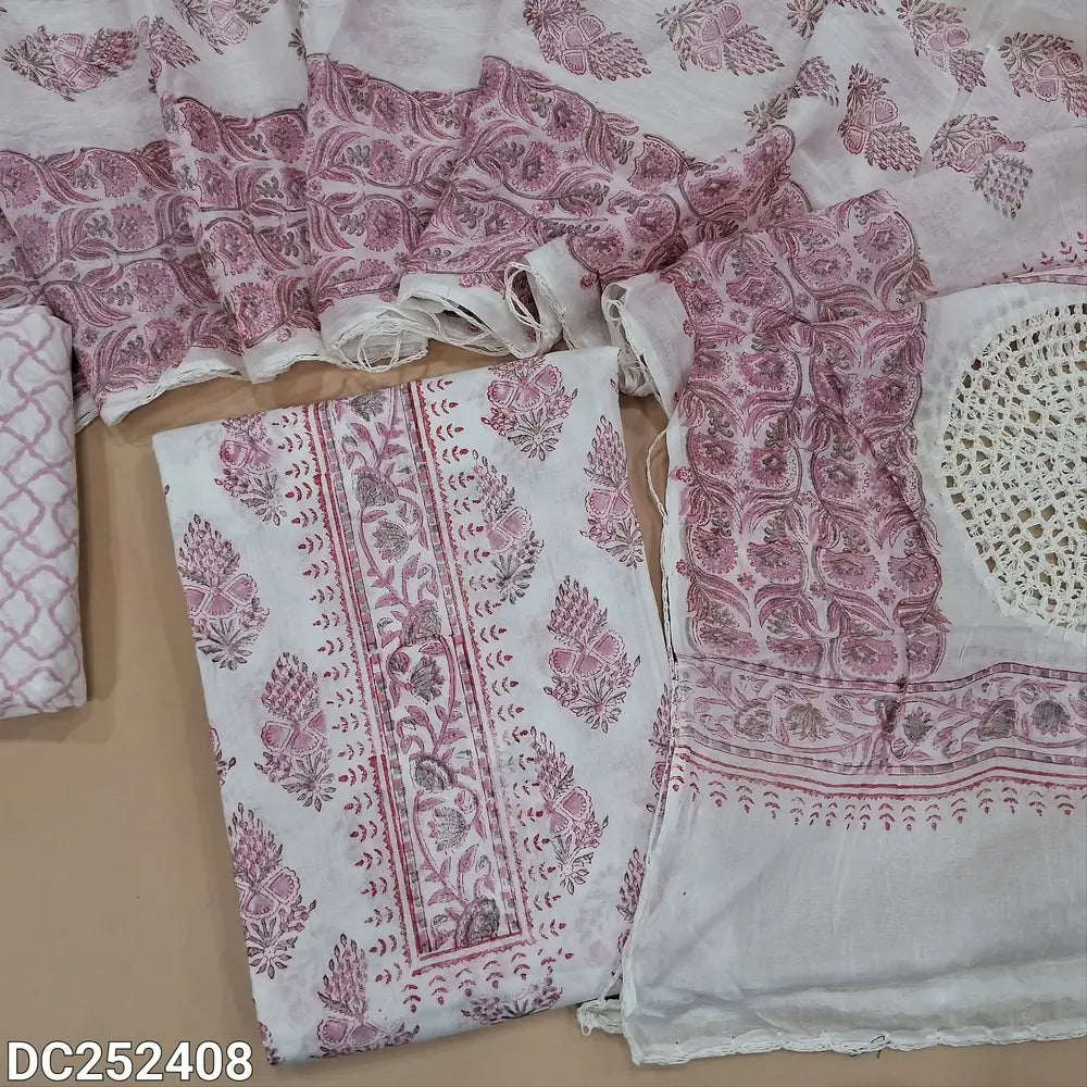 White soft cotton unstitched salwar material (lining needed) hand block printed allover, pink printed cotton bottom,  hand block printed, crochet work on mul cotton dupatta. DC252408