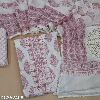 White soft cotton unstitched salwar material (lining needed) hand block printed allover, pink printed cotton bottom,  hand block printed, crochet work on mul cotton dupatta. DC252408