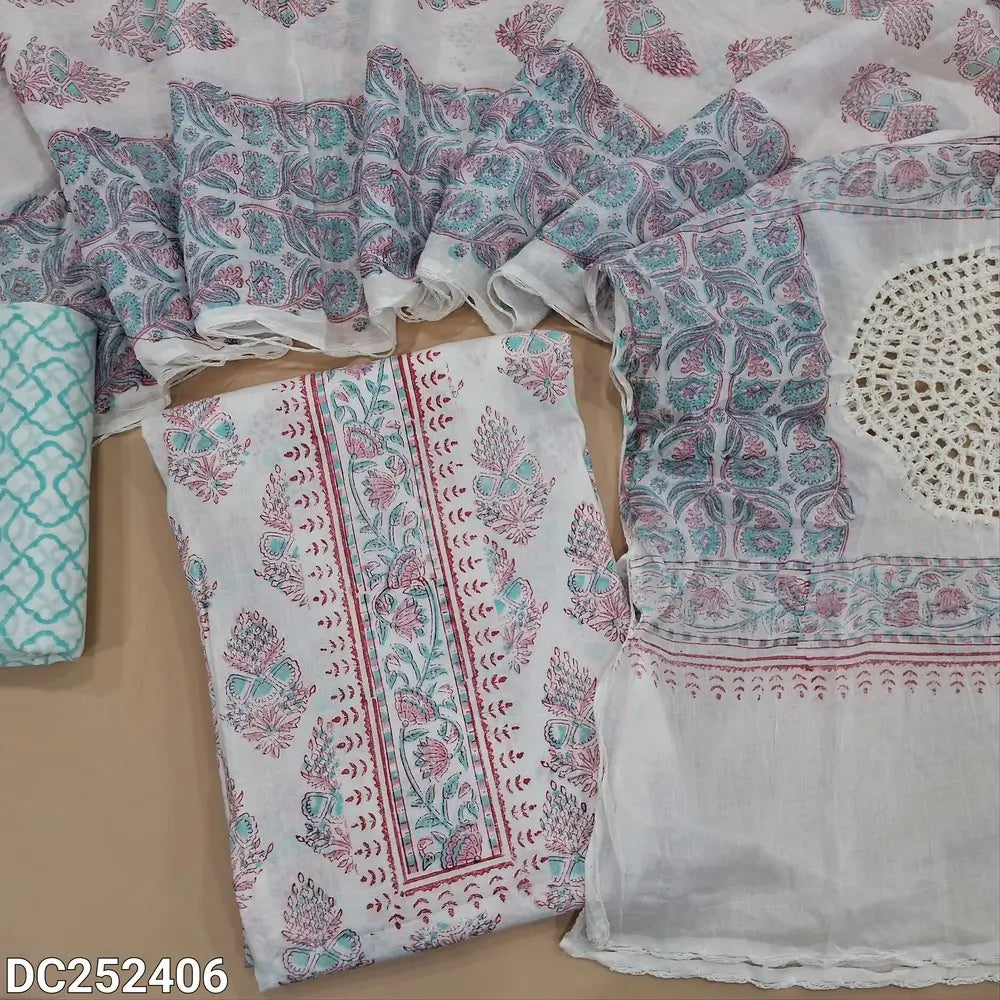 White soft cotton unstitched salwar material (lining needed) hand block printed allover, Blue printed cotton bottom, hand block printed, crochet work on mul cotton dupatta. DC252406