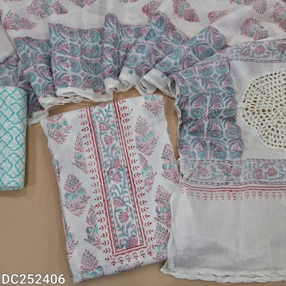 White soft cotton unstitched salwar material (lining needed) hand block printed allover, Blue printed cotton bottom, hand block printed, crochet work on mul cotton dupatta. DC252406